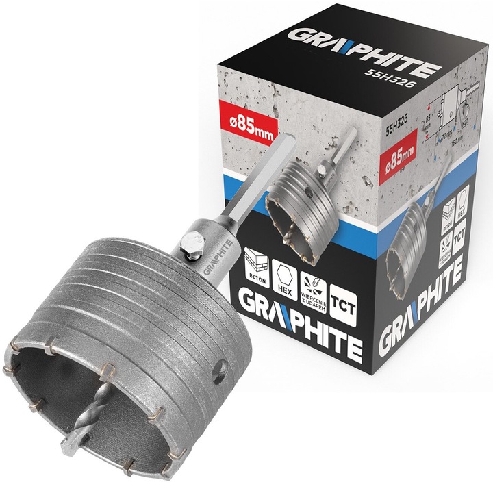 Set otvornice widiowe 85mm cu adapter Hex si burghiu pilot 8mm, Graphite, 72x85x50mm