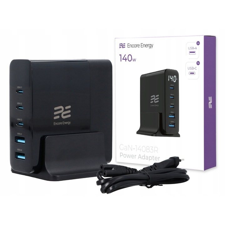 Incarcator rapid USB-C/USB-A, Encore Energy 140W, negru, cu cablu inclus