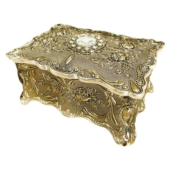 Caseta bijuterii argintata, din metal dur, calitate superioara, Luxury Vintage, cu doua compartimente imracate in catifea fina 18x12,8x8 cm