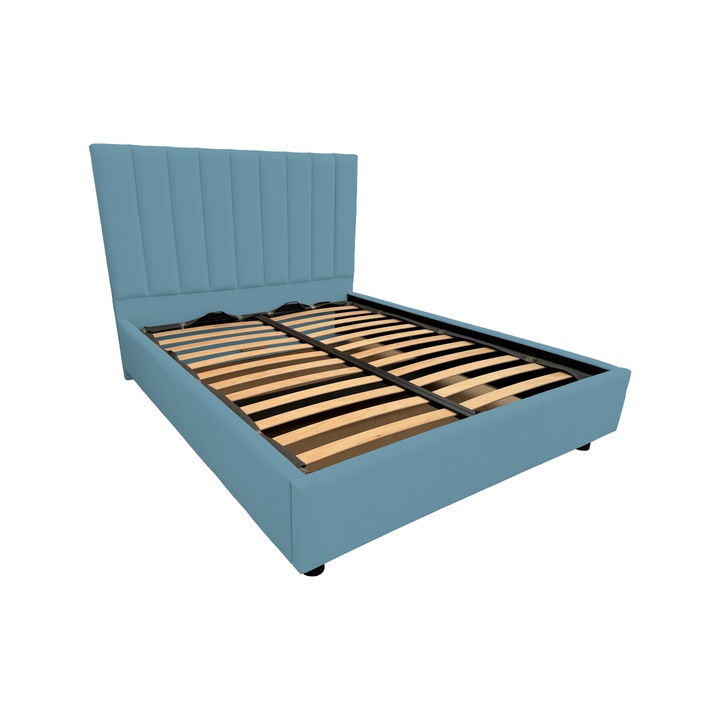 Pat tapitat Primo cu picioare, spatiu de depozitare si somiera rabatabila, albastru 73 160x200