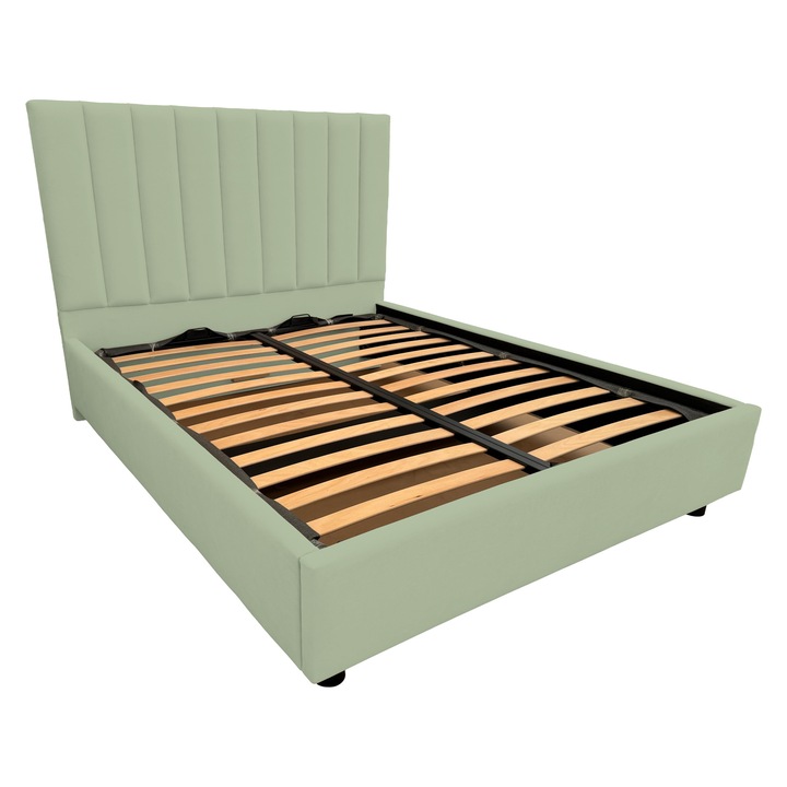 Pat tapitat Primo cu picioare, spatiu de depozitare si somiera rabatabila, verde maslin deschis 34 180x200