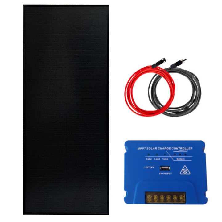 Panou solar, 100W 12V MPPT, regulator 15A, 2x5m, negru