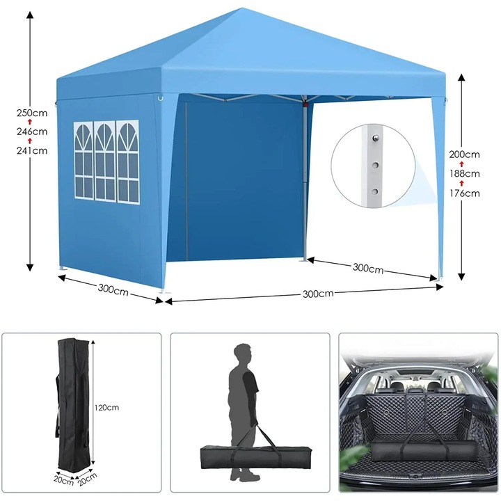 Kempingsátor 3x3m, vízálló, kihúzható, acélvázas, kék