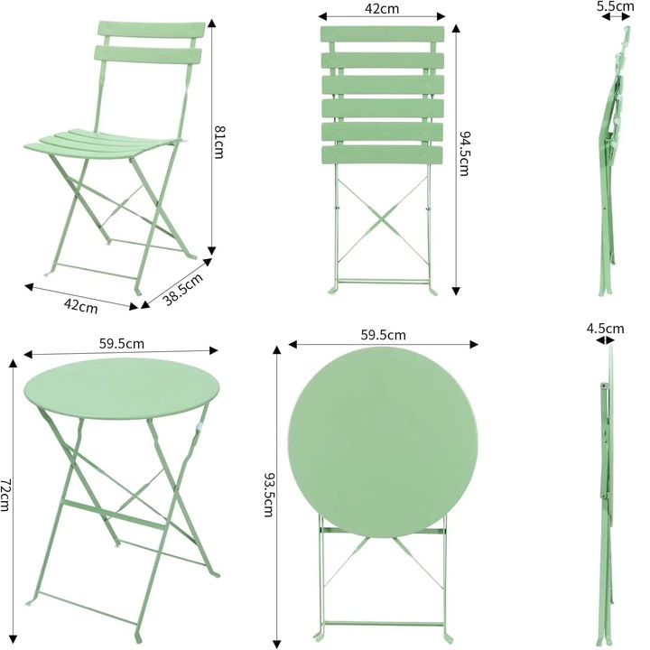 Сгъваем комплект мебели за бистро от 3 части, метал, зелен, 60x60x72 см, за 2 души