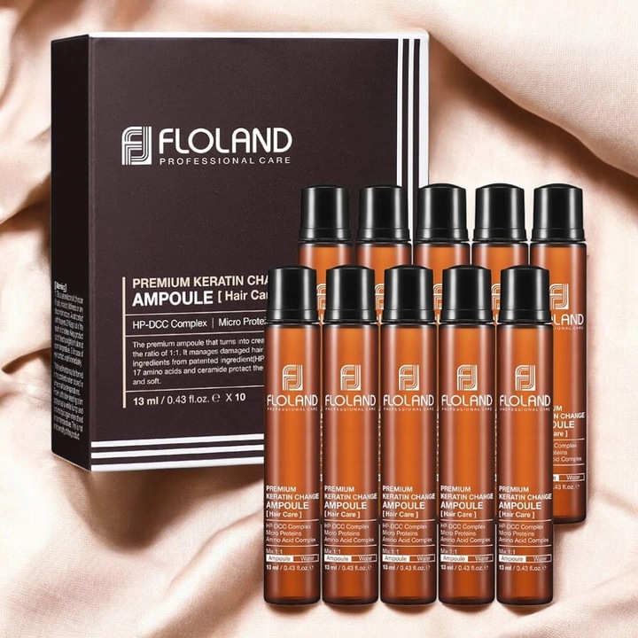 Tratamente si masca de par, Floland, Sada ampule premium cu keratina, 10x13 ml, pentru par uscat si deteriorat