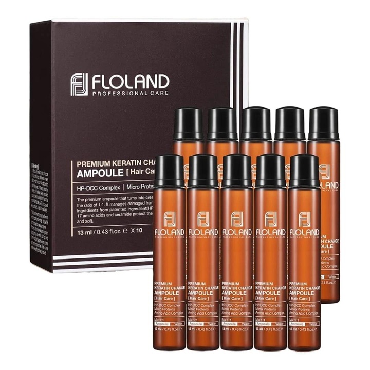 Tratamente si masca de par, Floland, Sada ampule premium cu keratina, 10x13 ml, pentru par uscat si deteriorat