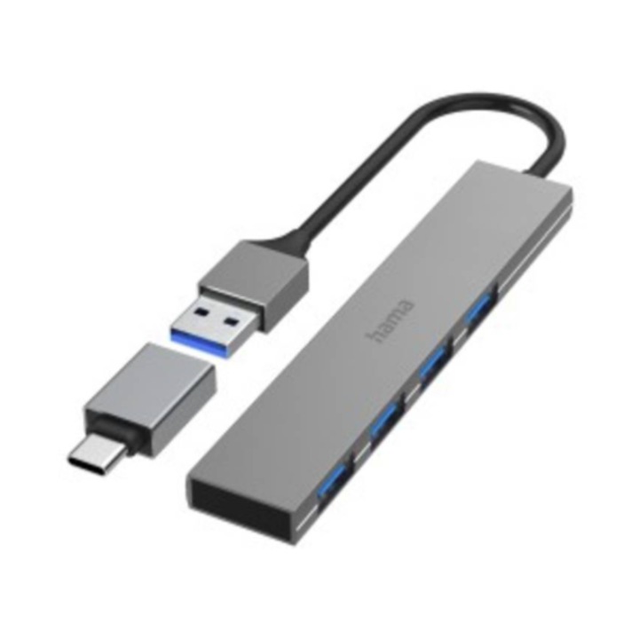 Hama USB хъб 200141, 4 x USB, USB-C адаптер Сив