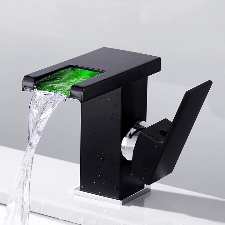 Mosdó csaptelep Waterfall LED RGB áramlás által táplált, krómozott sárgaréz test, kerámia betét, oldalsó kar, Fekete, 1 db