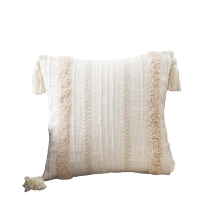 Husa de perna cu perna tesata cu ciucuri, aspect elegant pentru decoratiuni interioare cu design alb crem, husa decorativa boho lombara usor de intretinut pentru camera de zi, birou, dormitor, in aer liber