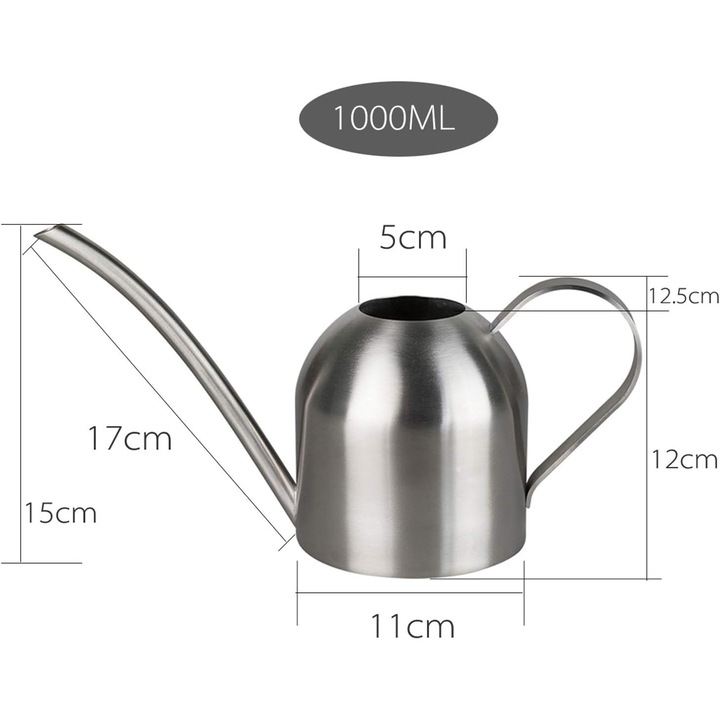 Rozsdamentes acél öntözőkanna, kézzel polírozott, pontos öntözést biztosít, elegáns design, 1L, Enforose