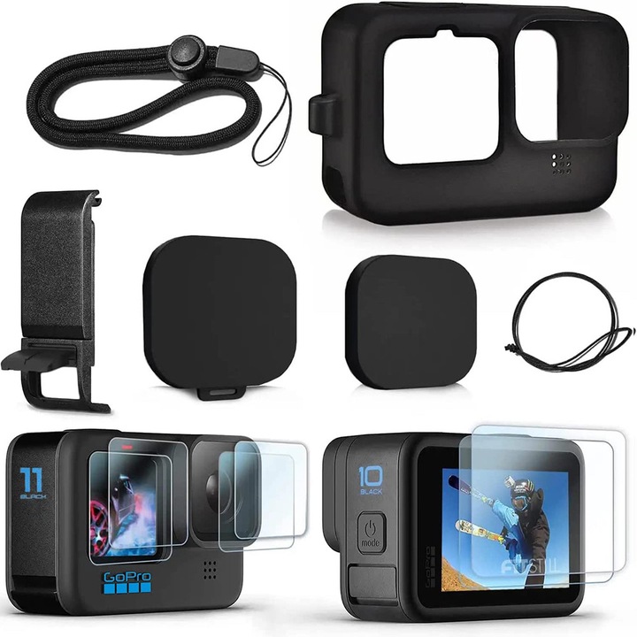 Set protectie ecran GoPro Hero, sticla securizata 9H, capac lentila din silicon, instalare usoara