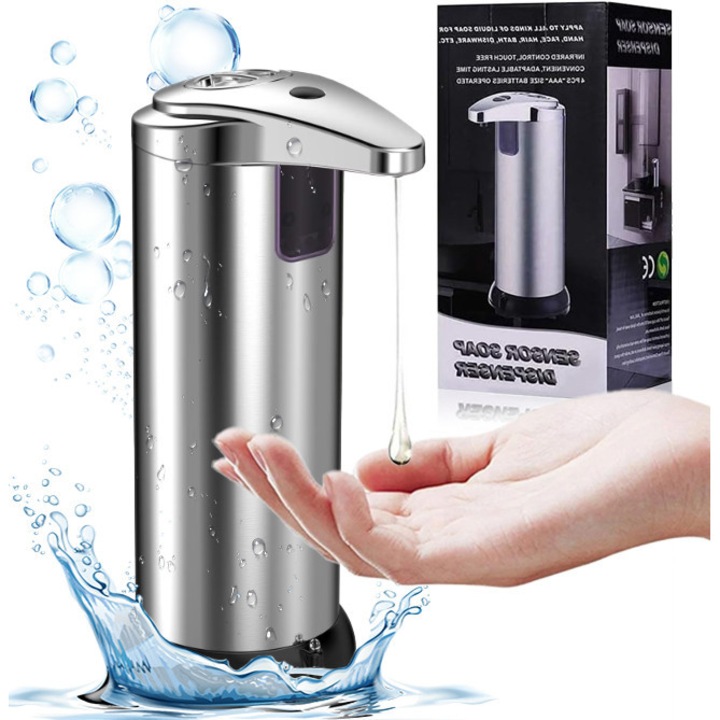 Автоматичен дозатор за течен сапун, Excitat®, безконтактен интелигентен сензор, екологичен ABS + PC, регулируем на 3 нива, стомана, 280 мл, водоустойчив, благородно сребро