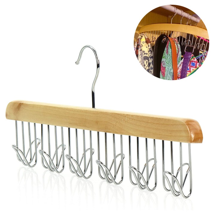 Nyakkendőtartó fa és vas 12 kampó barna piros fekete 40x20.5x2cm
