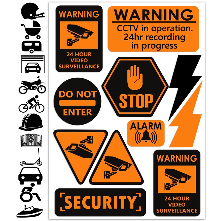 Предупредителни рефлекторни светлоотразителни самозалепващи стикери за безопасност, Biomar Labs, CCTV in operation, Warning, Alarm, Security, Stop, Do not Enter, 11 бр. D 5