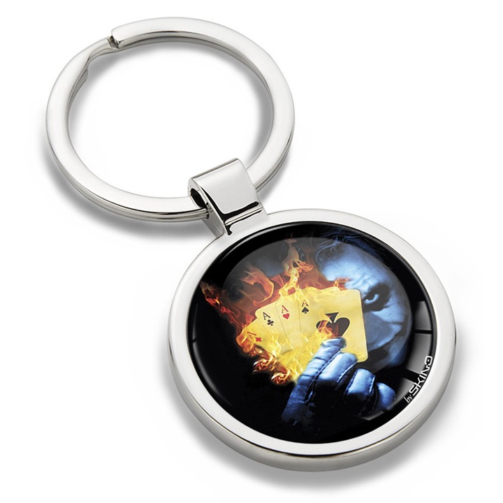 Breloc metalic cu cutie cadou, Biomar Labs, Joker, carti de poker, unisex, 3D, argintiu/rosu, KK 169