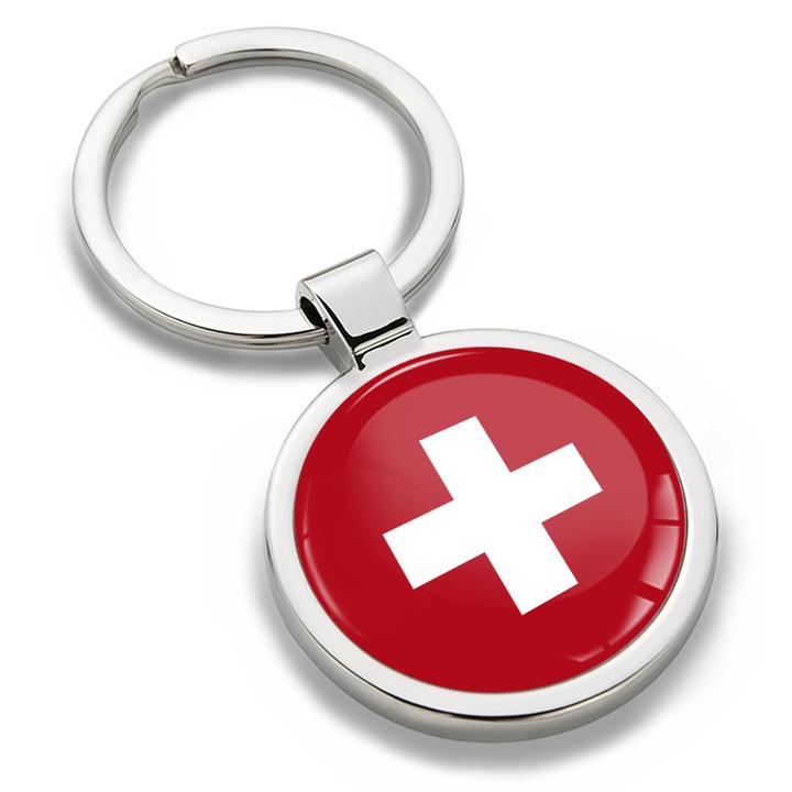 Fém kulcstartó díszdobozzal, Biomar Labs, Svájci zászló, unisex, 3D, Ezüst, KK 192