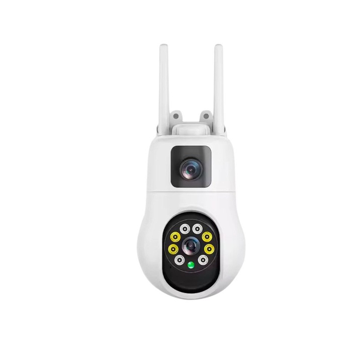 Смарт камера PTZ WiFi, Външен монтаж, 2x 3MP, Приложение: ICSee, Нощно виждане, Панорамен обхват: 270 градуса, Размер: 25х10 сантиметра, Цвят: Бял