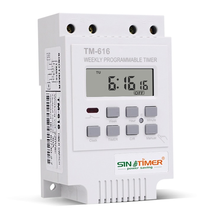 Temporizator orar digital programabil saptamanal 230V 30A cu controler electronic si releu, cronometru, montare pe sina DIN