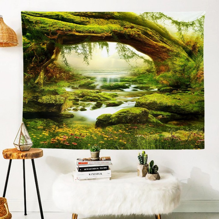 Tapiserie de perete ZYBLSSBB LSM463-BCS0429798, peisaj verde cu rau si muschi, 100% poliester, multicolor, 150 x 100 cm