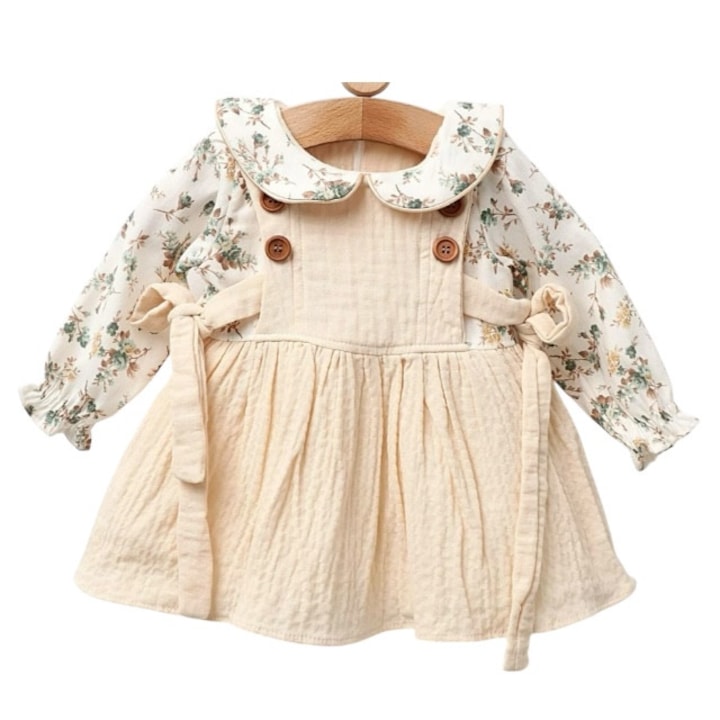 Rochita fetite stil vintage, imprimeu floral si textura matlasata, bej/floral, 9 luni