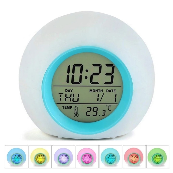 Ceas desteptator YANYXR copii, lumina 7 culori, afisaj LED, 10x10cm