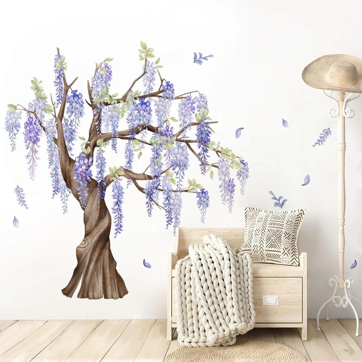 Sticker de perete ZYBLSSBB LSM1244-BCS0362011, autocolant decorativ autoadeziv cu copac si flori glicina, lavanda