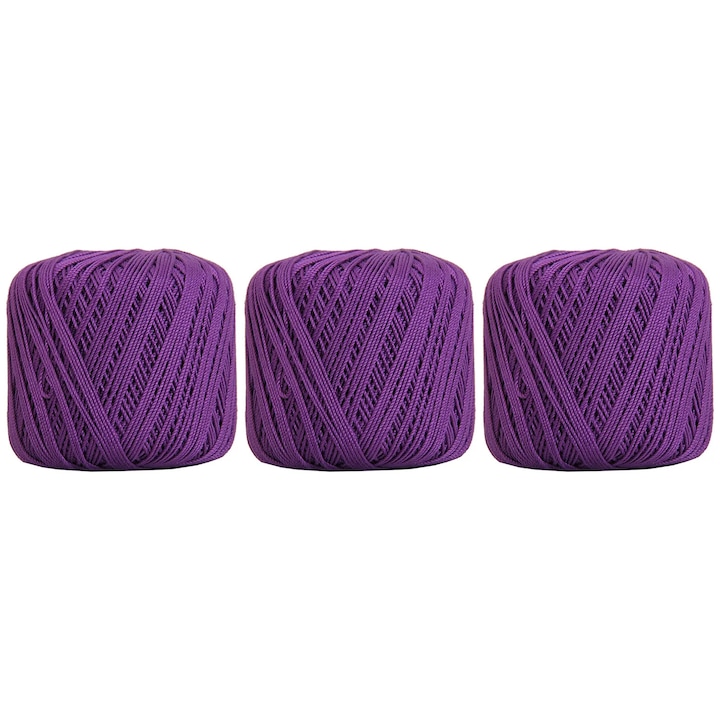 Pachet 3 Bile Fir Crosetat 100% Bumbac Mercerizat, Fokelyi, Violet, 50g, 140yds