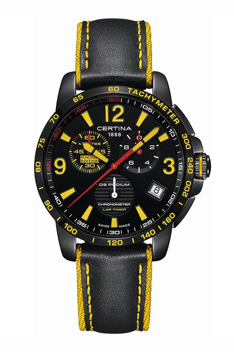 Certina, Часовник с кожена каишка и хронометър, Черен, Жълт