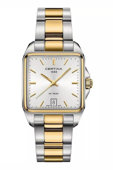 Certina, Ceas unisex analog cu model in doua tonuri, Argintiu, Auriu
