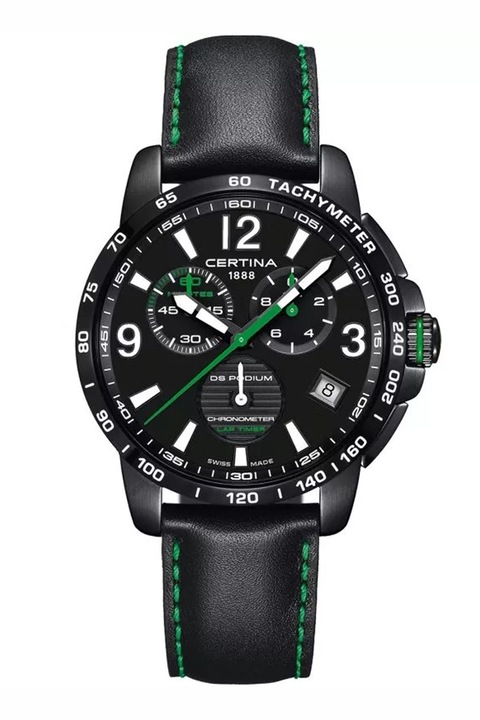 Certina, Часовник с хронограф с кожена каишка, Camo зелен, Черен