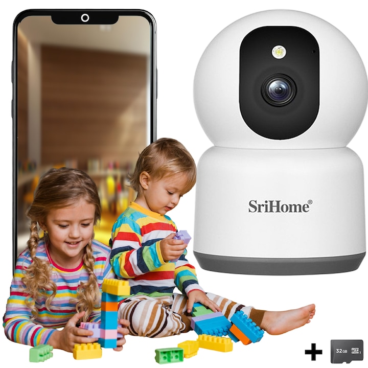 SriHome® SH038 WIFI видео бебефон, 5MP HDR, 4X увеличение, функция за бебефон, въртене, двулентов Wifi, цветно нощно виждане StarLight, двупосочна комуникация, сензор за движение, проследяване на обекти, бял