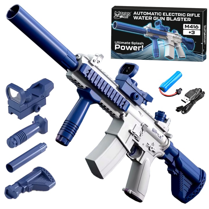 EVI TOYS M416+ automata elektromos vízipisztoly, 10 m-es löket, 500 ml-es tartály, USB újratölthető akkumulátor, tartozékok: távcső, fogantyú, hangtompító, készlet, kék