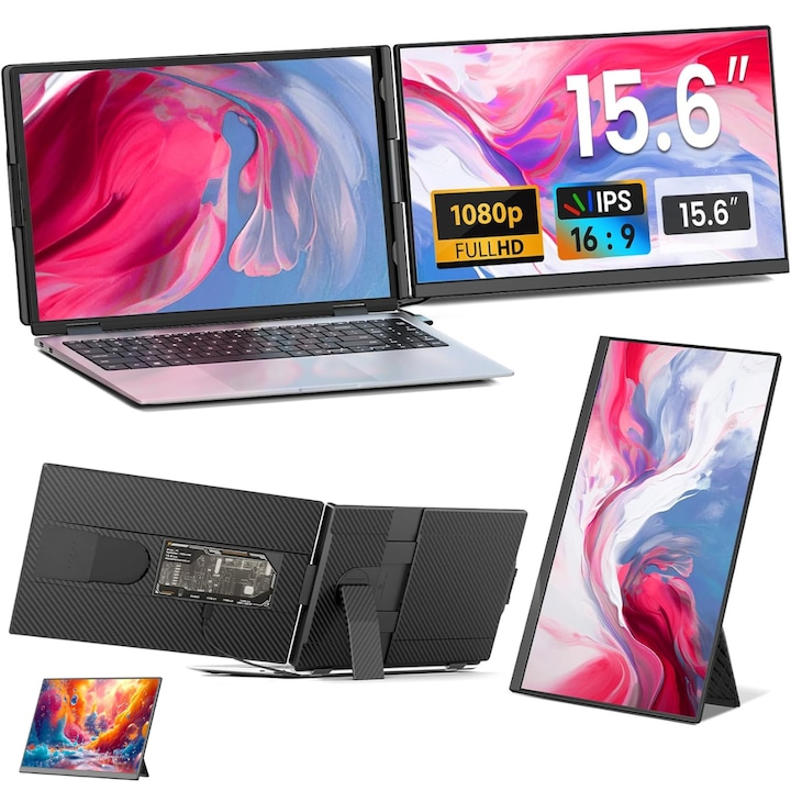 Qova® 15,6-инчов разширяем монитор, FHD IPS дисплей за лаптопи 13"-17,3", преносим с ултратънък дизайн, 1080p, USB-C/HDMI порт, екран за лаптоп, игри, офис, пътуване, съвместим с Windows/Mac/Linux/Switch/PS5, Plug & Play