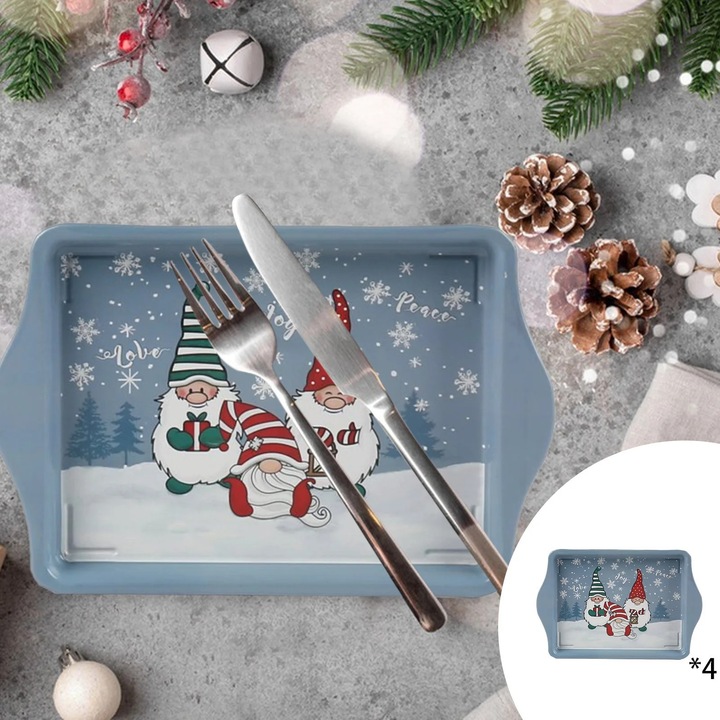 Set 4 farfurii ceramice pictate manual, Craciun, multicolor, 21.5x14.5x2cm