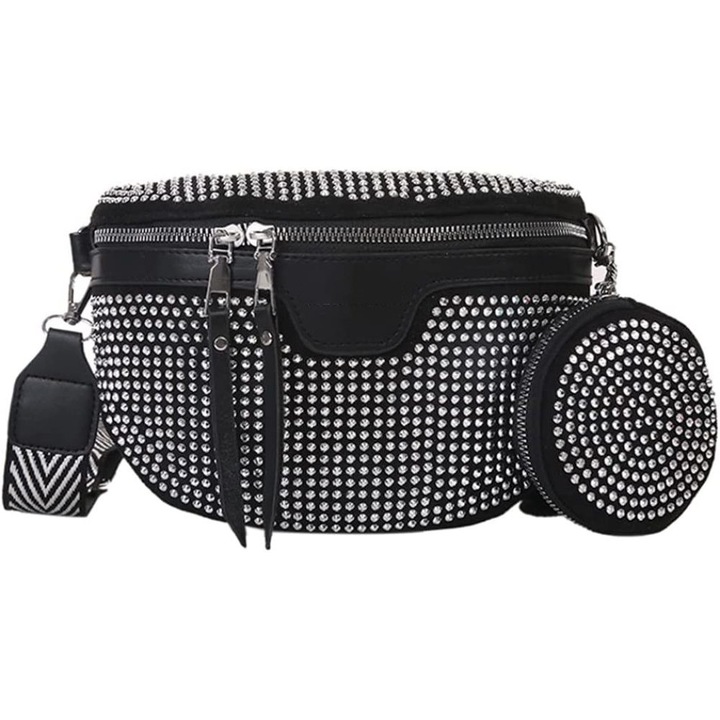 Geanta de talie pentru femei, Enforose, cu strasuri stralucitoare, din piele PU, culoare abanos, design versatil