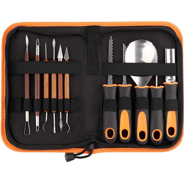 Set de unelte pentru sculptat dovleci, Enforose, 28 piese, inox, maner anti-derapant, culoare abanos