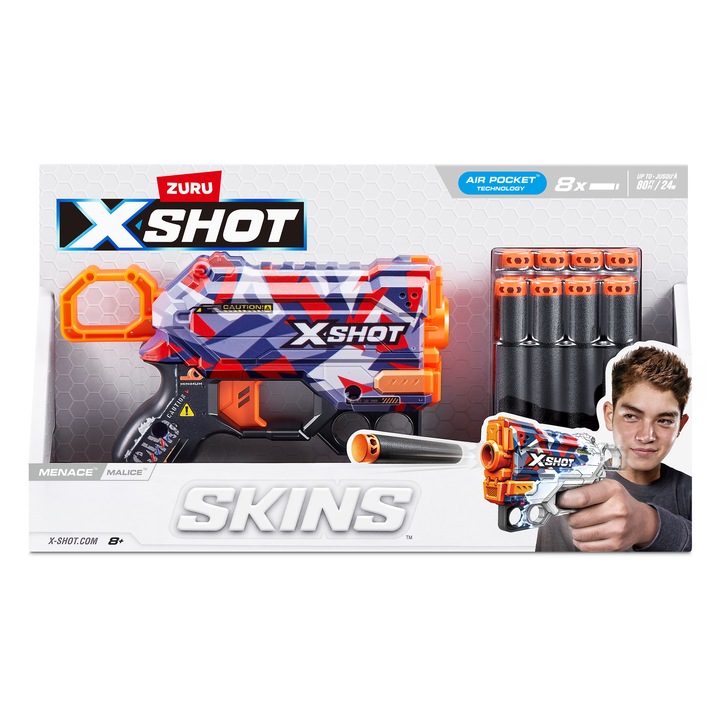 X-Shot Blaster Skins Menace Malice, 8 proiectile, albastru