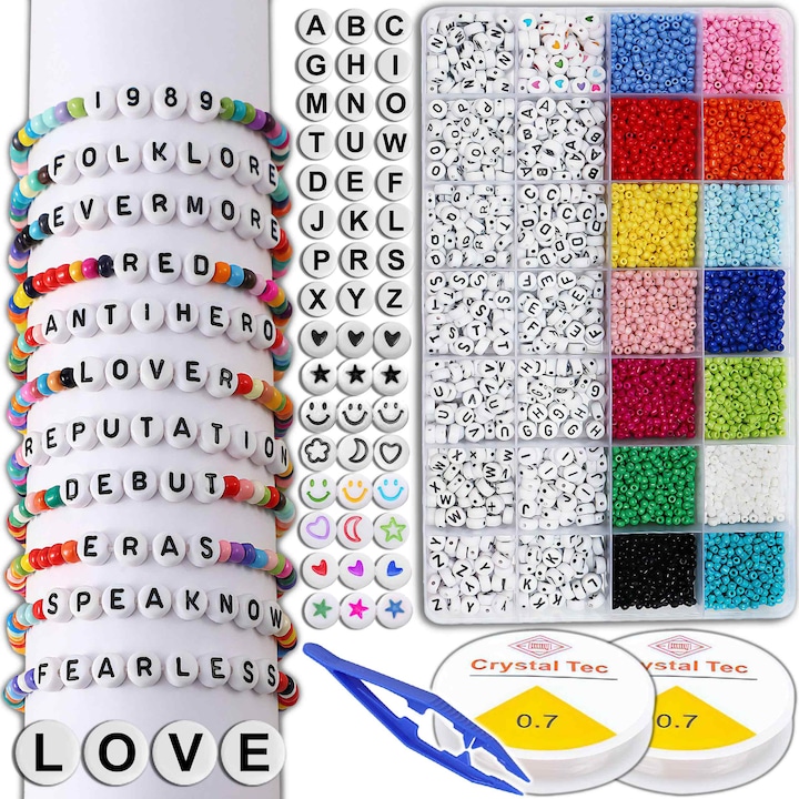 Set 12000 de bucati margele de argila, Renew Force, Cu margele litere, Pentru realizarea bratarilor bijuterii, Multicolor, cu cordon elastic, penseta, activitati creative, Pentru copii si adulti, 38mm