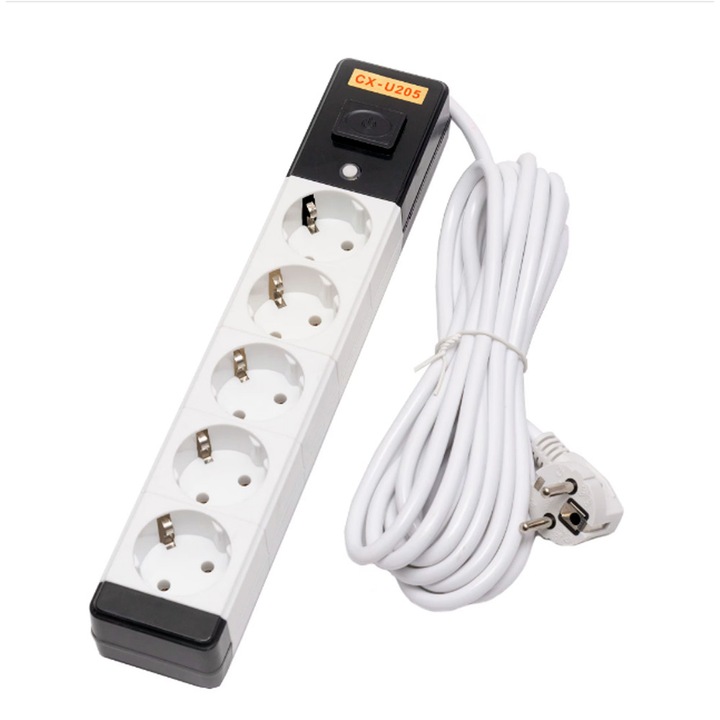 5 kimenetes hosszabbító kábel kapcsolóval, Optim Solution, 5 m szigetelt kábel, Maximális teljesítmény 3000 W, 3 x 1,5 mm, gyors és többszörös töltés, biztonságos csatlakozás, túlterhelés és rövidzárlat elleni védelem, fehér