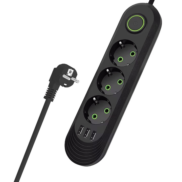 Универсален удължителен кабел 3 гнезда с превключвател, OPTIM SOLUTION, 3 USB порта, издръжлив, 2500 W мощност, 2 m изолиран кабел, скоба за окачване, сигурна връзка, устойчив на висока температура, черен