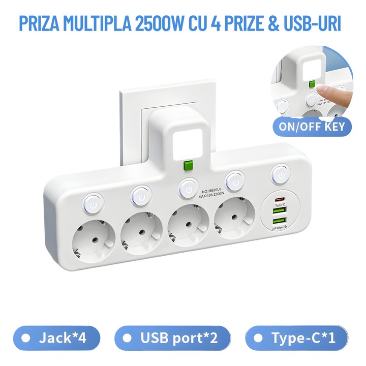 Bloc Multipriza / Priza Multipla 2500W Staryon®, 4 Prize Schuko + 2 Porturi USB-A + 1 Port USB-C, Protectie Supratensiune, Intrerupatoare Individuale, Lumina de Noapte, Material ignifug, Alb