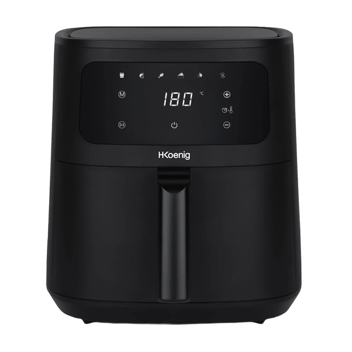 H.Koenig forrólevegős sütő, 8L, olajmentes, 80-200°C, 5 automata program, időzítő, érintőképernyő, automatikus kikapcsolás, hangjelzés, ergonomikus fogantyú, gyors fűtés, alacsony fogyasztás, egyszerű tisztítás, fekete
