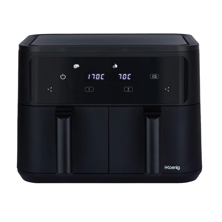 Friteuza dubla cu aer cald XXL H.Koenig, capacitate 9 litri, fara ulei, temperatura ajustabila 80-200°C, timer, panou control mecanic, oprire automata, semnal sonor, maner ergonomic, incalzire rapida, consum redus, curatare usoara, negru
