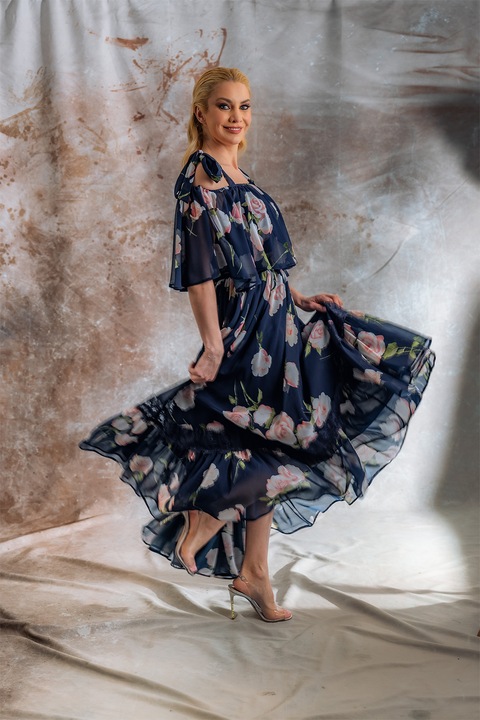 MIAU by Clara Rotescu, Rochie maxi din amestec de matase Siera, Roz somon/Bleumarin