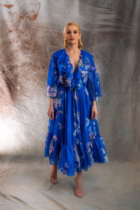 MIAU by Clara Rotescu, Rochie din sifon cu model floral Osaka, Roz somon/Albastru royal, 42