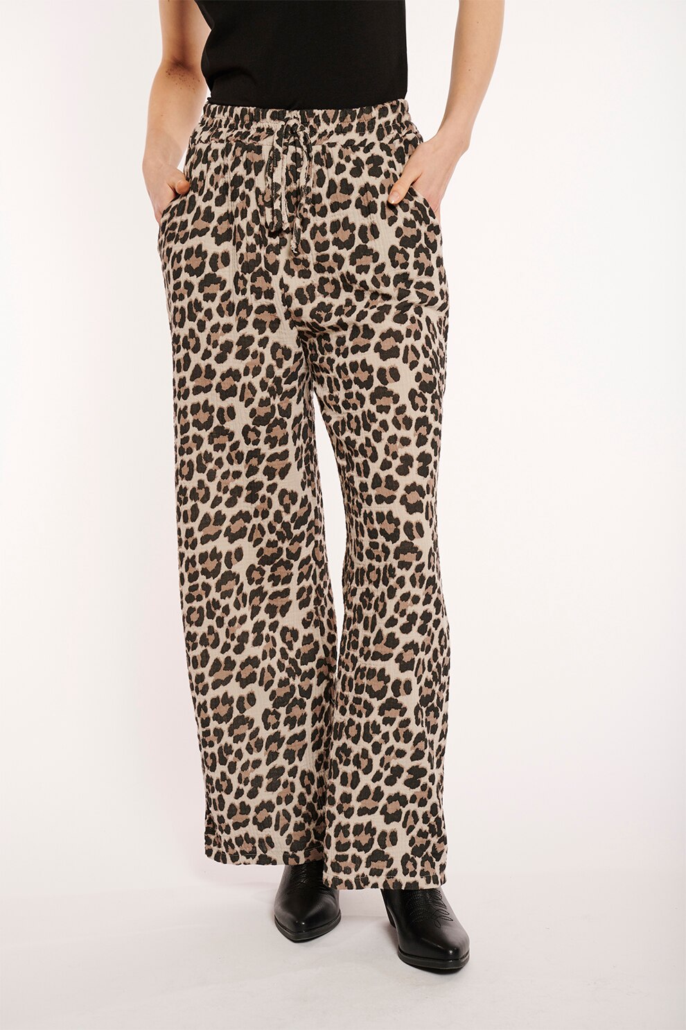 Hailys, Pantaloni cu talie inalta si snur, Bej, Maro taupe deschis, Maro fango, M
