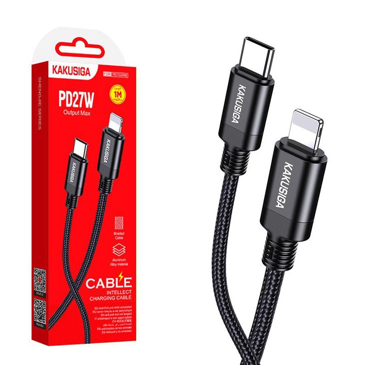 Kaku кабел за данни и зареждане (KSC-970), USB-C към Lightning, PD27W, QC3.0, плетен, 1 м, черен