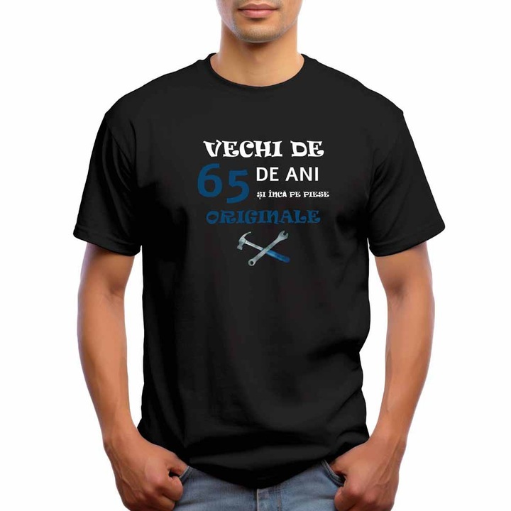 Tricou barbati personalizat, Vechi de 65 ani si inca pe piese originale, Intelli NB 875, Negru, 3XL