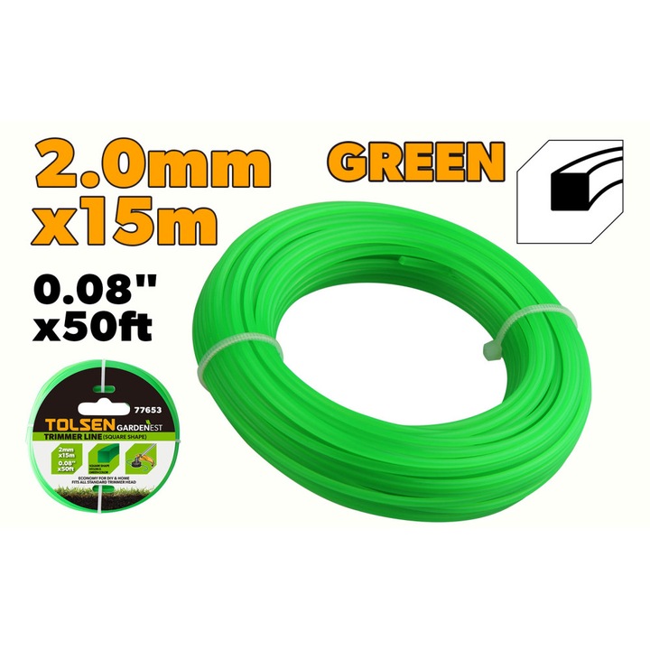 Fir Trimmer GARDENEST by TOLSEN, 2.0 mm x 15 m (Forma Patrata), Nailon 6, Verde, compatibil cu masina de tuns iarba si motocoasa, nailon 6 rezistent la uzura, usor de instalat pe capul trimmerului, ideal pentru cosit iarba si buruieni groase