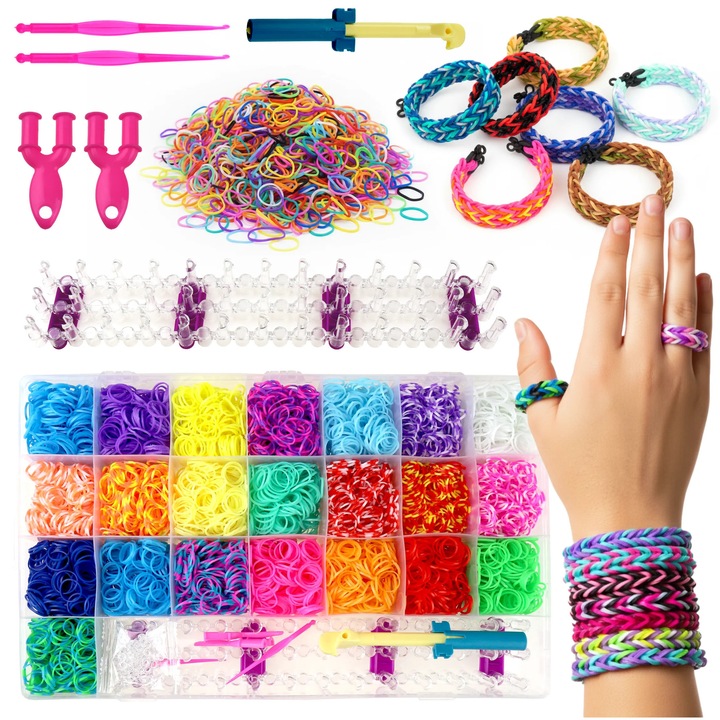 Set Elastice Bratari EVI TOYS Fabrica de bratari XXL, 6800 Cadou, 22 Culori, Razboi si Accesorii, XXL, Multicolor